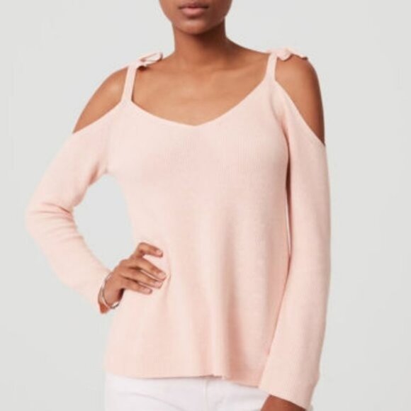 New LOFT Light Pink Cold Shoulder Bow Tie Strap Sweater XS - Picture 2 of 7